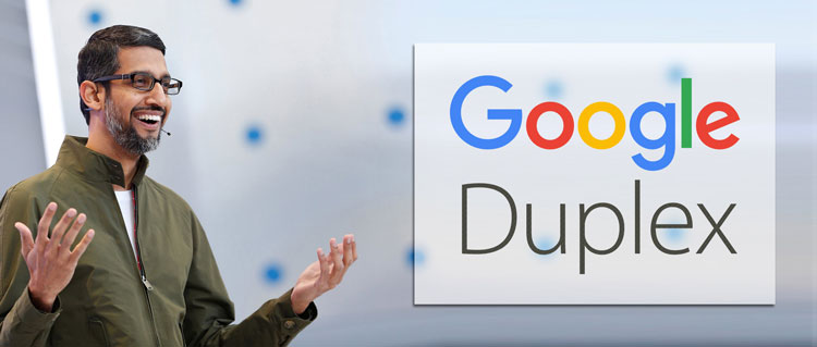 ساندار پیچای در حال توضیح فناوری گوگل داپلکس می باشد.