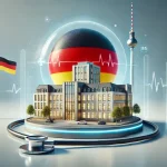 تصویر بیمارستان شاریته برلین همراه با پرچم و نماد برلین