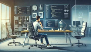 تصویری از یک اتاق برنامه نویسی با مانیتورهای روی دیوار و یک مرد پشت سیستم برای مقاله بزرگترین برنامه‌نویس جهان