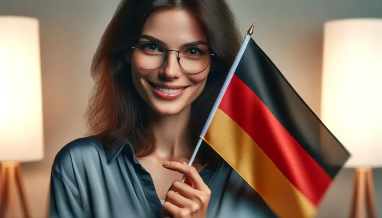 تصویر یک خانم با پرچم کشور آلمان و بهترین شغل برای خانم ها در آلمان