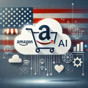 تصویر شرکت آمازون و لوگوی این شرکت به همراه پرچم کشور ایالات متحده