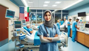 تصویر یک پرستار ایرانی در بیمارستان برای حقوق پرستار در آمریکا