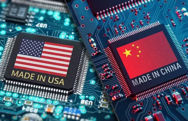 تصویر نیمه هادی های پیشرفته با پرچم های چین و آمریکا