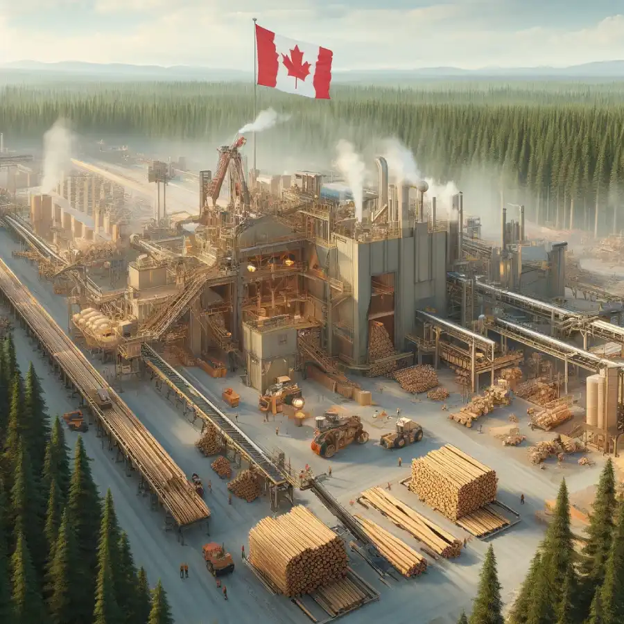 تصویری از یک کارخانه چوب بری با پرچم کانادا