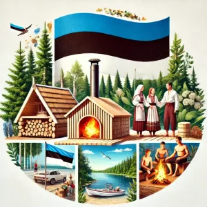 تصویر مردم استونی و پرچم کشور استونی با همراهی طبیعت استونی