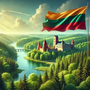 تصویر پرچم کشور لیتوانی در یک فضای سبز