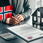 تصویر اقامت نروژ از طریق خرید ملک و پرچم نروژ روی میز