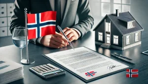 تصویر اقامت نروژ از طریق خرید ملک و پرچم نروژ روی میز